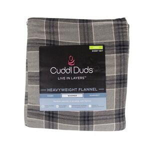 Cuddl Duds King Sheet Set Heavyweight Flannel Gray Plaid 100% Brushed Cotton NEW
